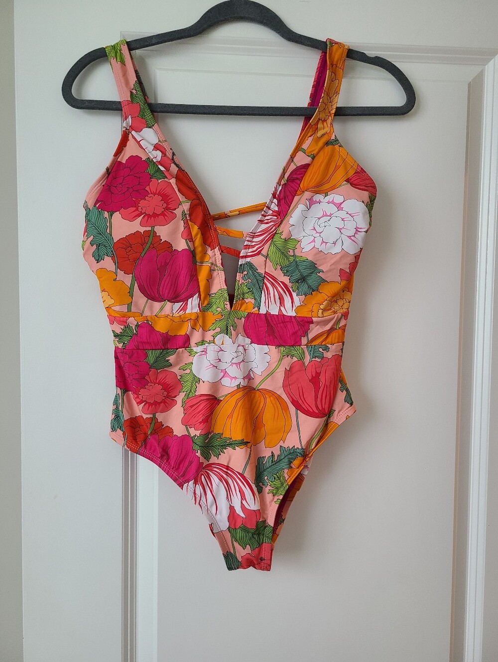 Trina Turk Sunny Bloom Plunge Orange And Pink One Piece Swim Suit